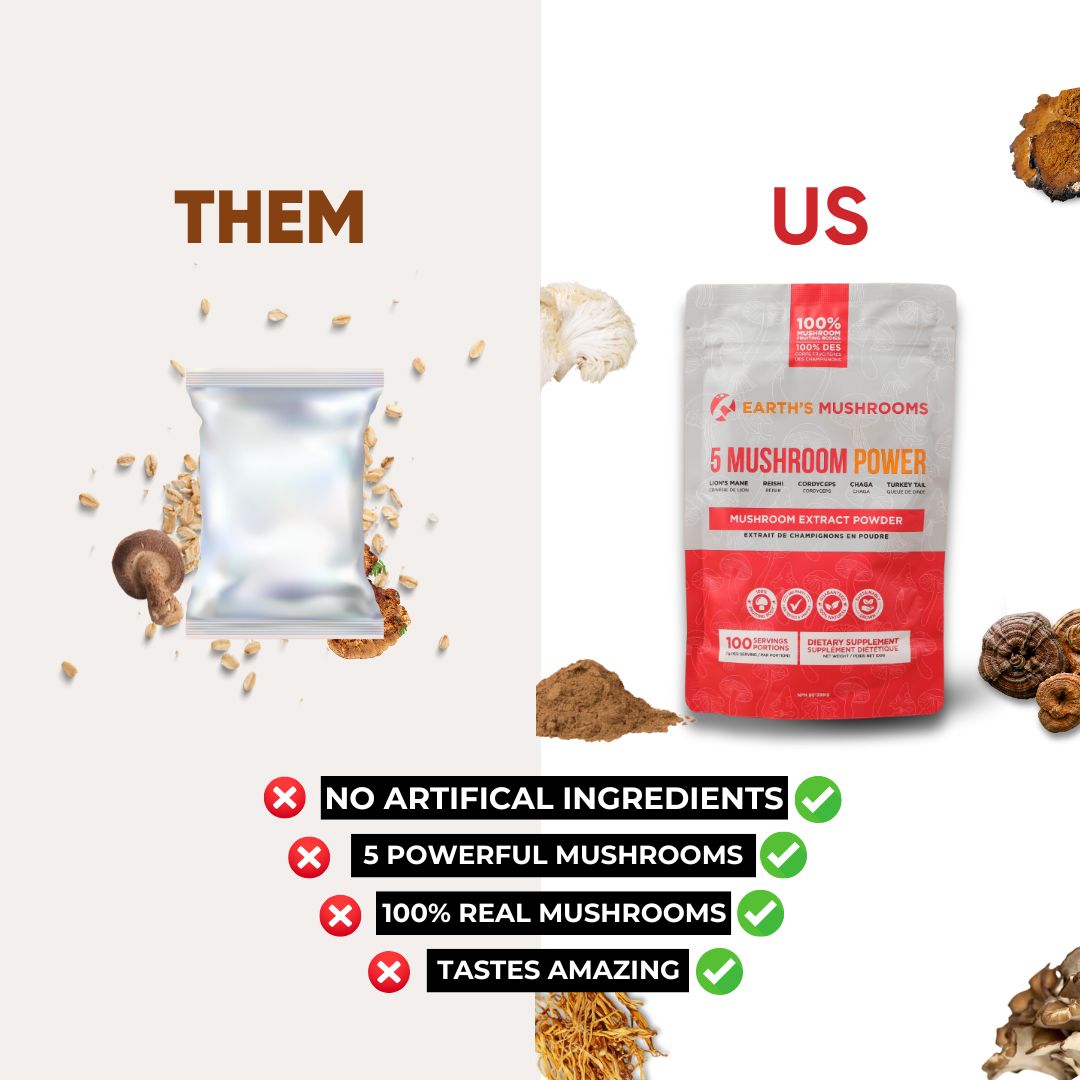 Comparison of a silver package labeled 'Them' with a red and white package labeled 'Us' featuring Earth's Mushrooms 5 Mushroom Power supplement.